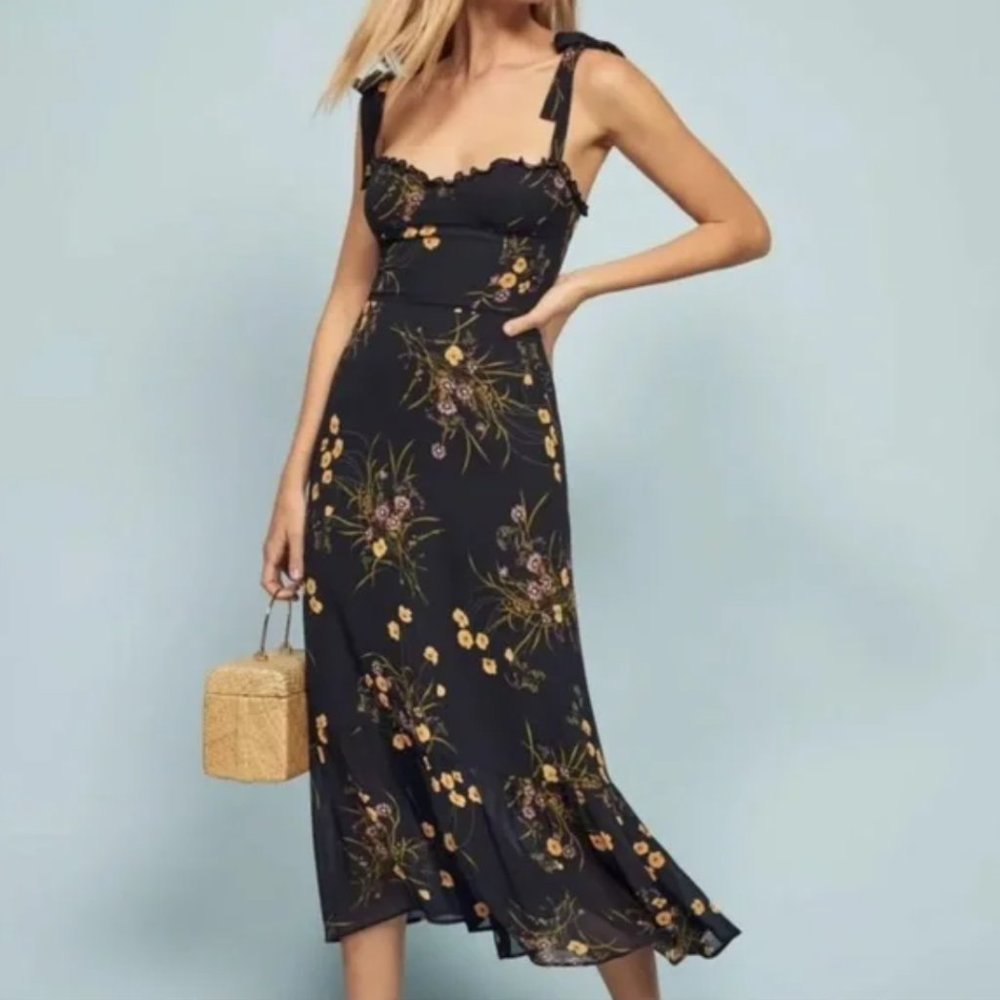 Reformation Navy Floral Midi Dress with Yellow Accents - Picture 2 of 15